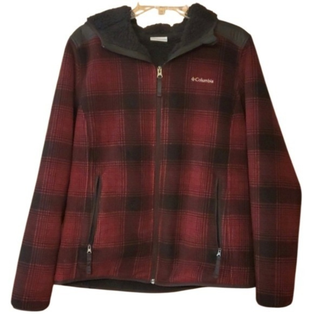 Columbia Womans Fleece and Sherpa Red and Black Plaid Zip Jacket Size Large